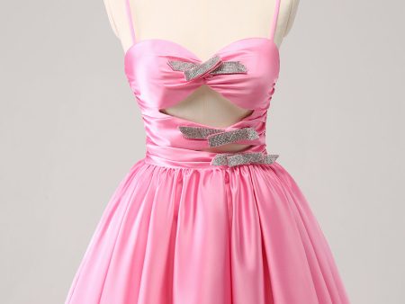 Pink A-Line Spaghetti Straps Pleated Homecoming Dress with Keyhole Cheap