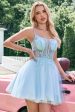 Cute Glitter A Line Beaded Corset Tulle Blue Homecoming Dress with Appliques Discount