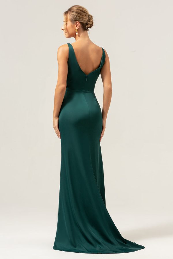 Dark Green Sheath V Neck Ruched High-Low Bridesmaid Dress with Slit Hot on Sale