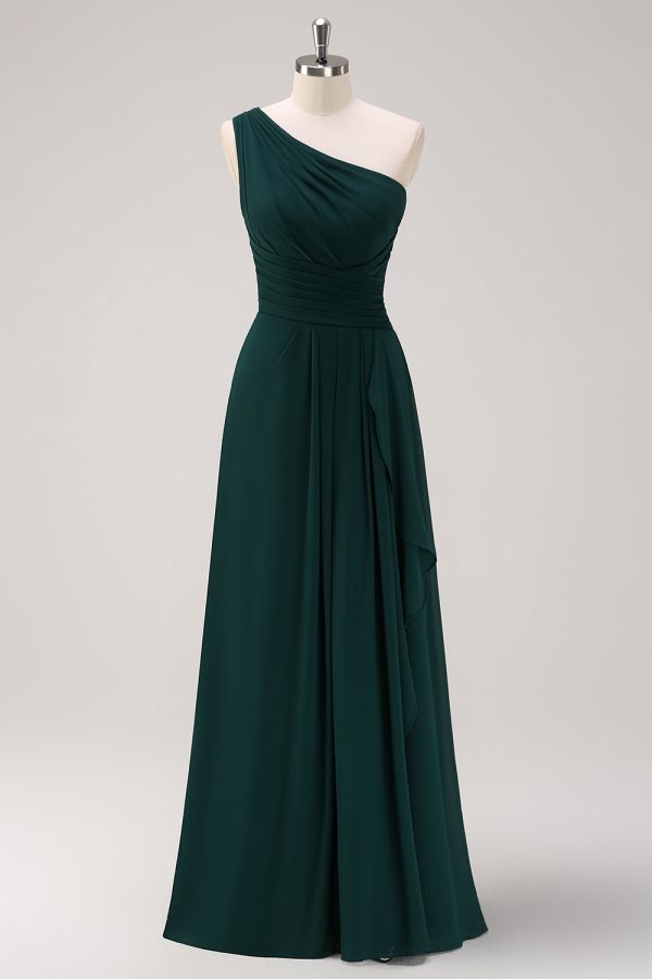 Dark Green One Shoulder A-Line Ruched Long Bridesmaid Dress Cheap