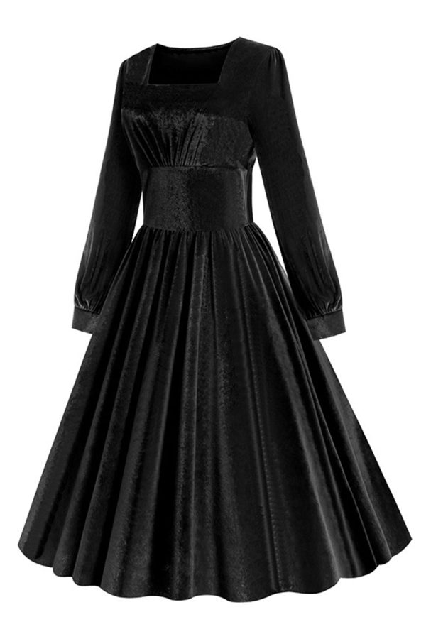 Black A Line Long Sleeves Pleated Vintage 1950s Dress Online