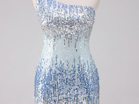 Sparkly Light Blue One Shoulder Sequins Bodycon Short Homecoming Dress on Sale