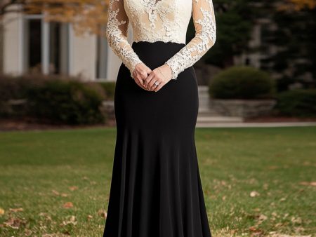 Champagne Black Mermaid Illusion Neck Long Sleeves Mother of the Bride Dress with Appliques For Discount