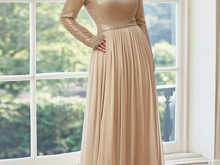 Golden A Line Chiffon Pleated Mother of the Bride Dress with Long Sleeves Cheap