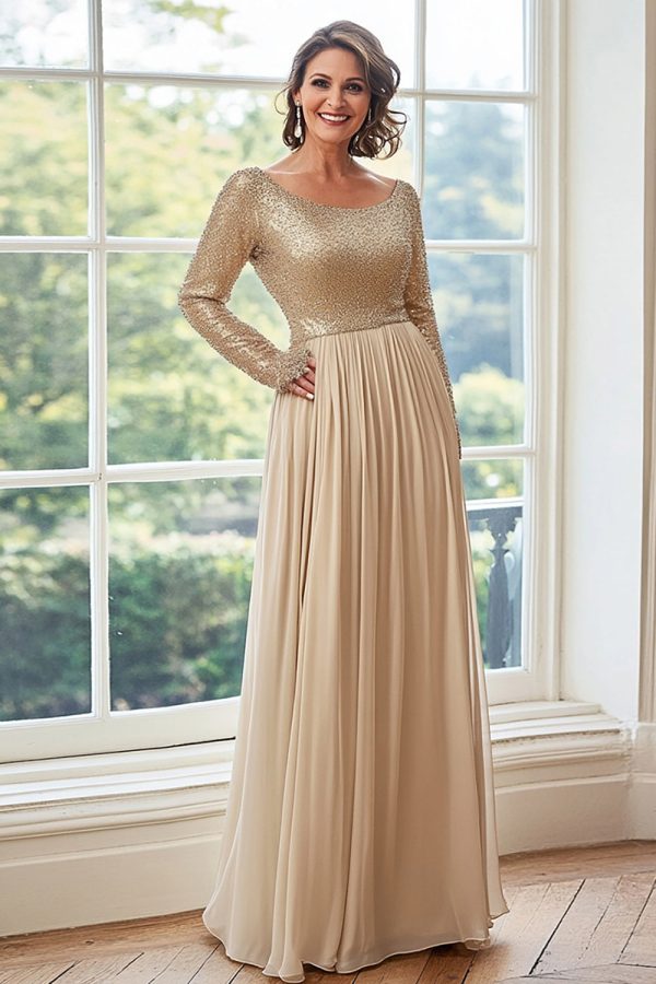 Golden A Line Chiffon Pleated Mother of the Bride Dress with Long Sleeves Cheap