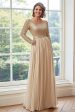 Golden A Line Chiffon Pleated Mother of the Bride Dress with Long Sleeves Cheap