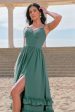 Eucalyptus A-Line Corset Ruched Chiffon Long Bridesmaid Dress with Slit Hot on Sale