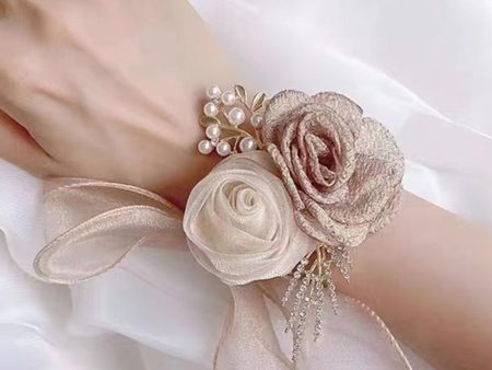 Champagne Two Flowers Wrist Corsage with Ribbon For Sale