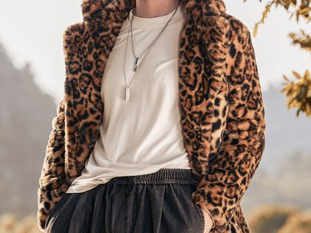 Brown Leopard Print Lapel Collar Faux Fur Mid-Length Men s Winter Coat Online