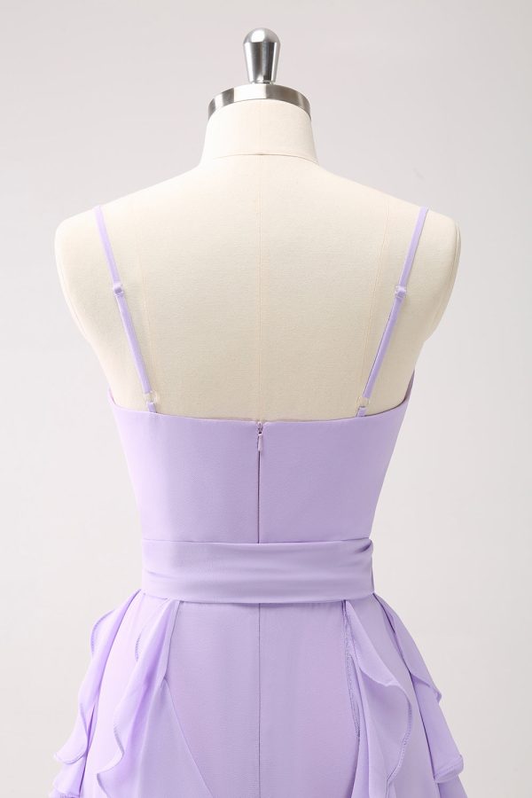 Lilac A-Line Chiffon Ruffled Bridesmaid Dress with Slit For Cheap