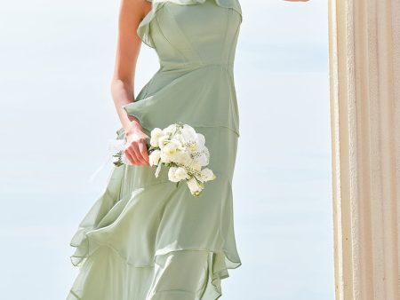 Light Green A-Line Tiered Chiffon Corset Long Bridesmaid Dress For Cheap