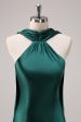 Dark Green Halter Satin Mermaid Bridesmaid Dress with Streamer Cheap