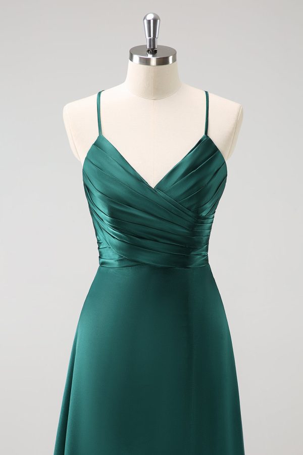 Dark Green A-Line Ruched Lace-Up Back Satin Long Bridesmaid Dress For Discount