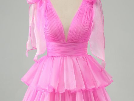 Hot Pink A Line V Neck Pleated Tiered Short Homecoming Dress on Sale