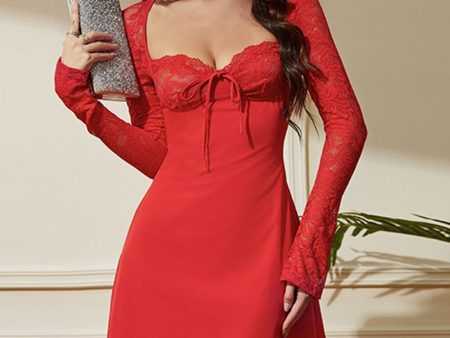 Red A-Line Lace Long Sleeves Short Party Dress Sale