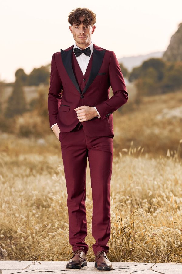 3 Pieces Peak Lapel Burgundy Men s Prom Suits Online now