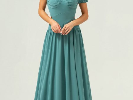 A-Line Off The Shoulder Pleated Chiffon Green Long Bridesmaid Dress Cheap