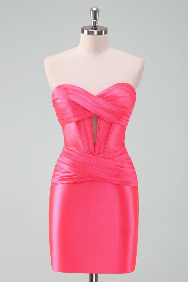 Hot Pink Bodycon Sweetheart Satin Corset Short Homecoming Dress Cheap