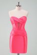 Hot Pink Bodycon Sweetheart Satin Corset Short Homecoming Dress Cheap