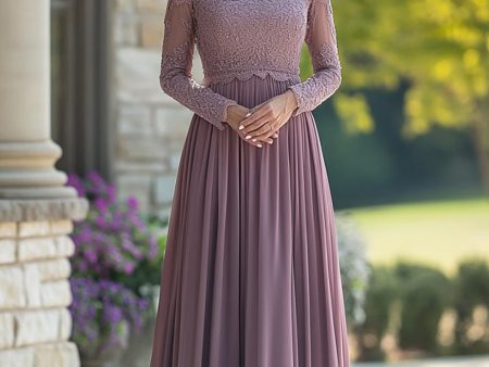 Black Tie Vintage Mauve Column Scoop Chiffon Long Mother of the Bride Dress with Lace Appliques Hot on Sale