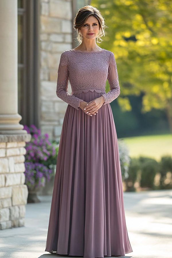 Black Tie Vintage Mauve Column Scoop Chiffon Long Mother of the Bride Dress with Lace Appliques Hot on Sale