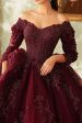 Sparkly Burgundy Lace Off The Shoulder Quinceanera Dress with 3 4 Sleeves For Discount