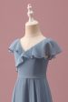 Dusty Blue Chiffon V Neck Wrap Short Junior Bridesmaid Dress with Flutter Sleeves Discount