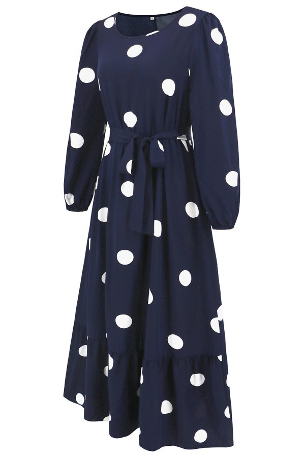 Navy Scoop Neck Polka Dots Long Cocktail Dress with Sash Cheap