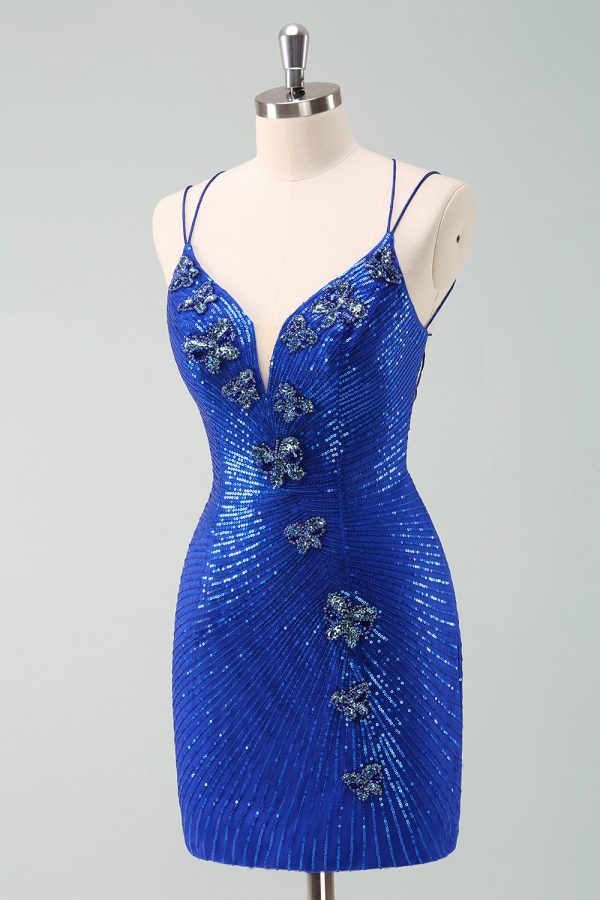 Royal Blue Glitter Tight Homecoming Dress with Sequins Butterflies For Sale