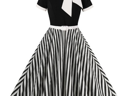 A Line Black Pinstripe 1950s Swing Dress with Short Sleeves on Sale