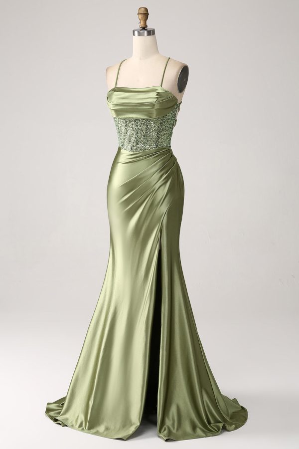 Army Green Mermaid Cowl Neckline Sequin Long Prom Dress With Slit For Cheap