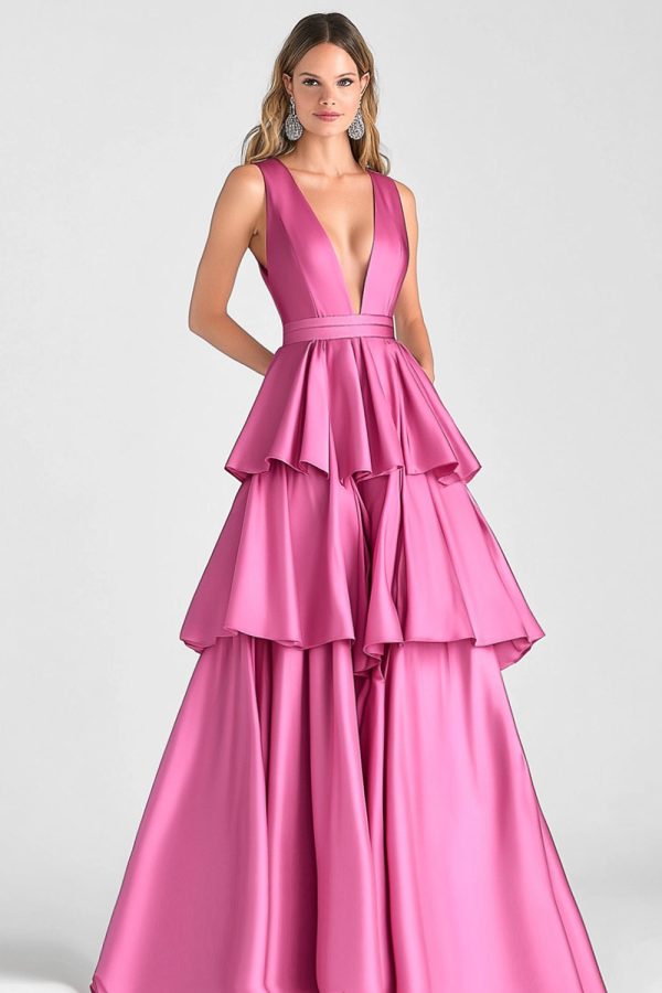 Fuchsia A-Line V Neck Ruffles Long Prom Dress Supply