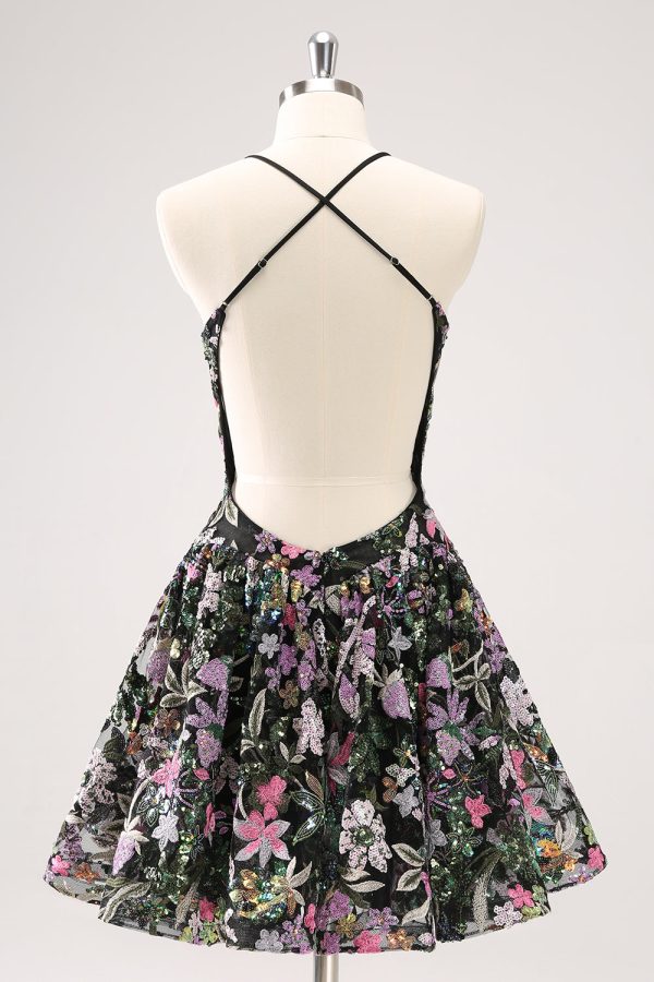 Sparkly Black A Line Floral Short Homecoming Dress with Sequins Online Sale