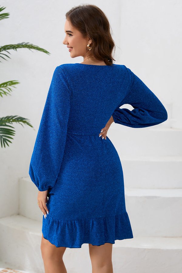 Royal Blue V Neck Wrap Ruffle Long Sleeves Short Party Dress Online Hot Sale