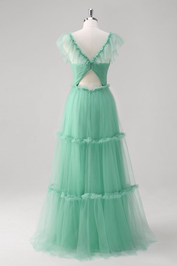 Green A Line V-Neck Tiered Tulle Bridesmaid Dress Online