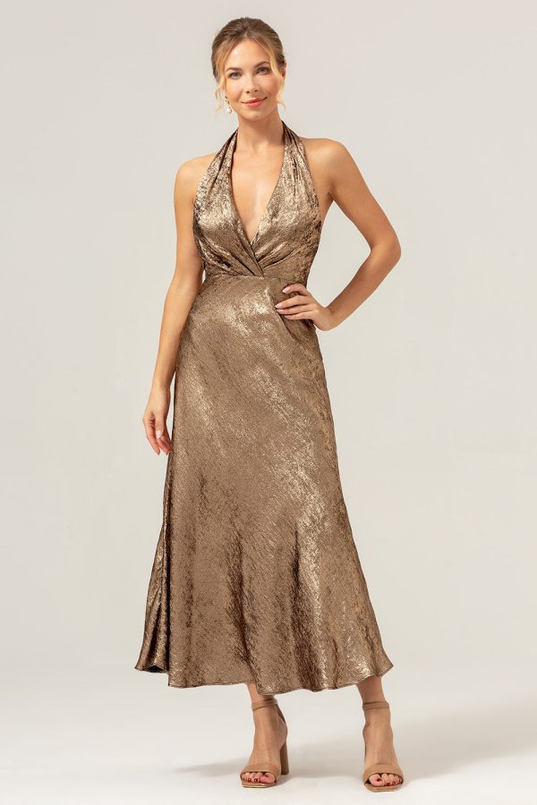 Golden Mermaid Halter Neck Backless Tea Length Bridesmaid Dress Online