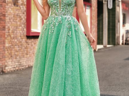 A Line Sparkly Light Green Spaghetti Straps Corset Tulle Prom Dress with Slit Online Hot Sale