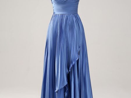 Blue A Line One Shoulder Pleated Long Bridesmaid Dress with Ruffle Slit Online