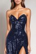 Sparkly Sequins Mermaid Navy Strapless Tight Formal Dress with Slit Hot on Sale