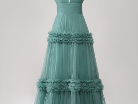 Green A Line Spaghetti Straps Tulle Long Prom Dress with Ruffles Hot on Sale