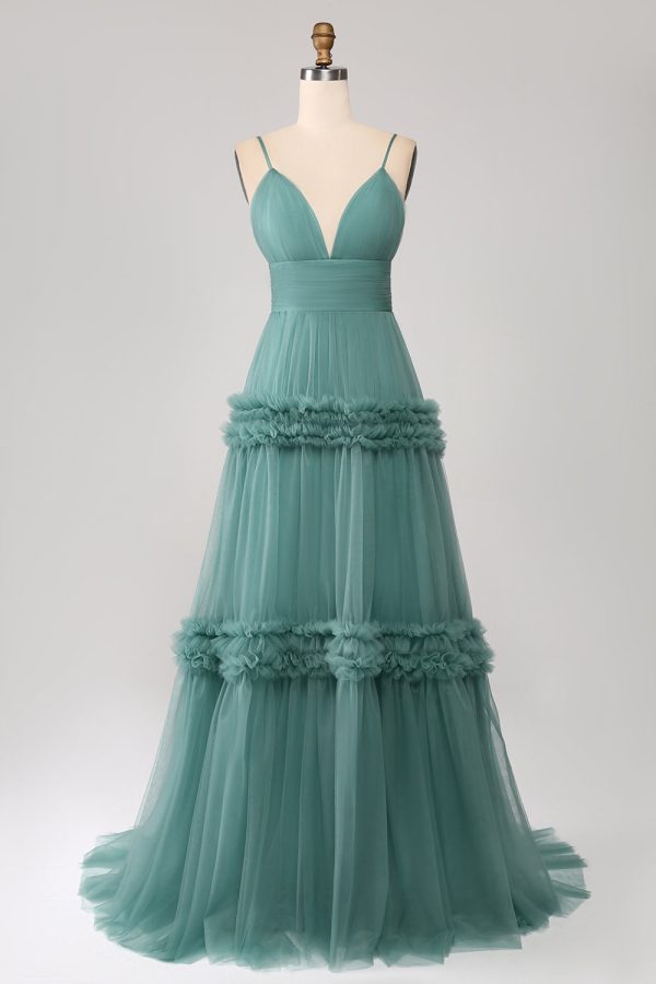 Green A Line Spaghetti Straps Tulle Long Prom Dress with Ruffles Hot on Sale