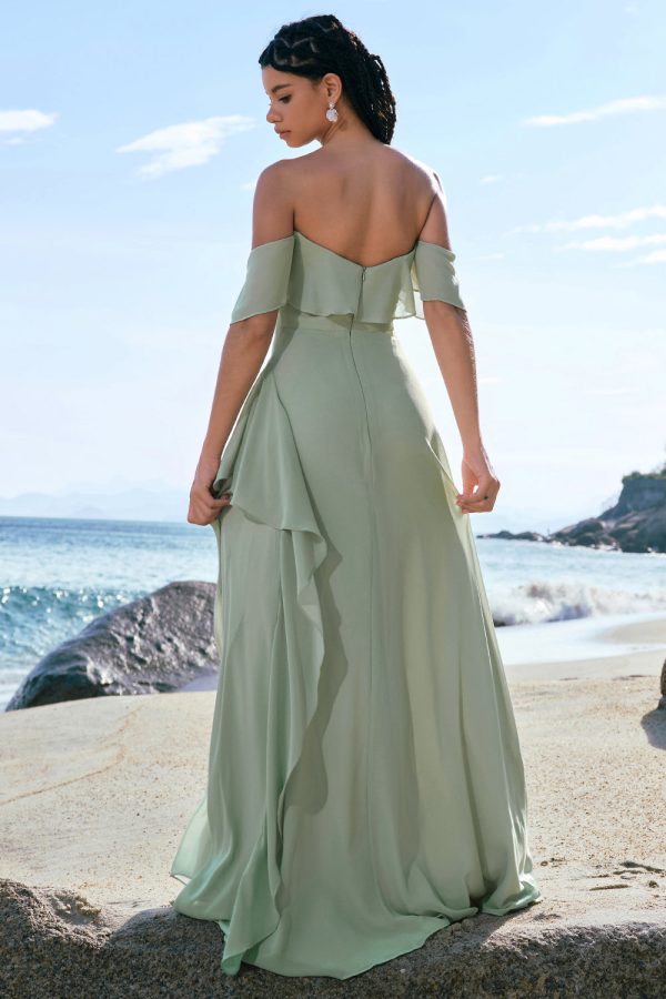 Light Green Mermaid Off the Shoulder Long Bridesmaid Dress with Ruffle Slit Online Hot Sale