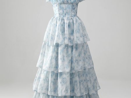 A Line Square Neck Light Blue Tiered Prom Dress with Ruffles Online now