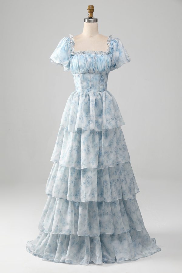 A Line Square Neck Light Blue Tiered Prom Dress with Ruffles Online now