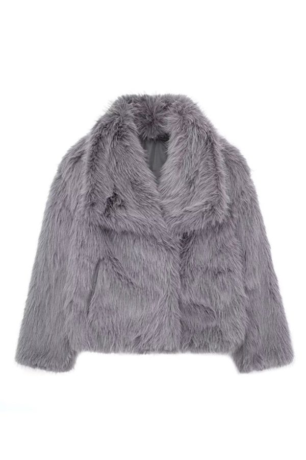 Fluffy Black Turn Lapel Faux Fur Winter Coat For Cheap