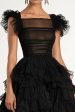 Black A-Line Flatter Sleeves Ruffles Tulle Tea Length Formal Dress Sale