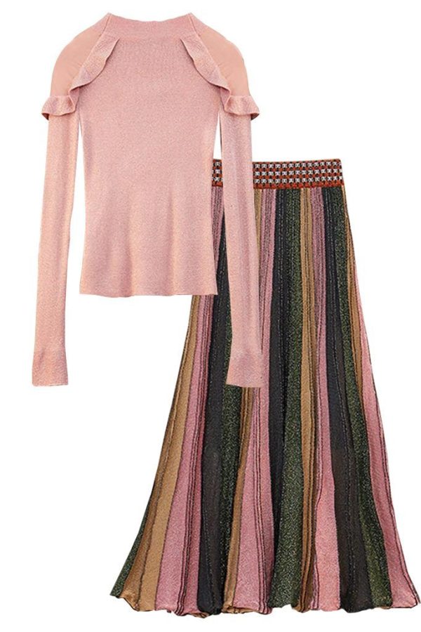 Janine Pink Metallic Blouse and Pleated Skirt Set For Discount