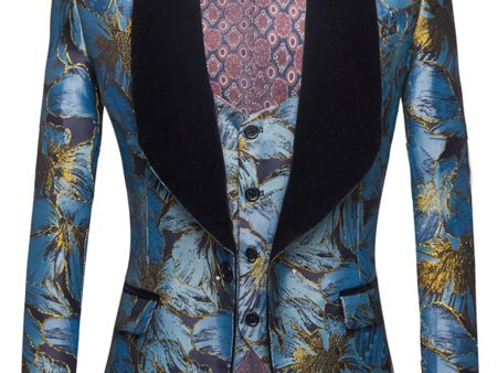 Grey Blue Shawl Lapel Embroidery Men s Blazer and Vest Set For Discount