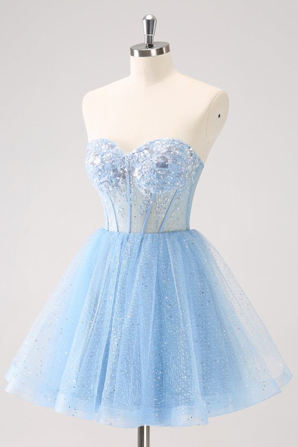 Sky Blue A Line Sweetheat Corset Tulle Homecoming Dress with Sequins For Cheap