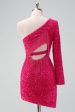 Sparkly Fuchsia One Shoulder Sequin Tight Short Homecoming Dress with Fringe For Sale